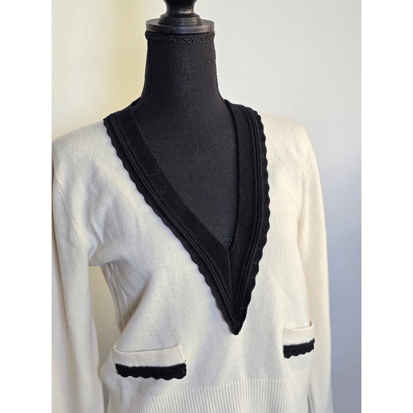 Sandro Womens Wool Cashmere V-Neck Sweater Size 0 Ivory Black Trim As Seen on TV - Picture 5 of 12